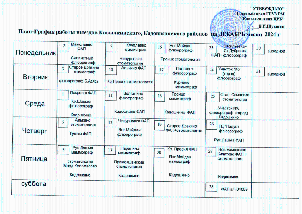 График работы выездов Ковылкинского, Кадошкинского районов на декабрь 2024 г.